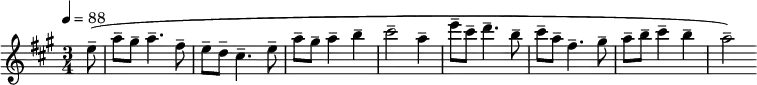 
\relative c'' { \set Staff.midiInstrument = #"flute"
  \tempo 4 = 88
  \key a \major
  \time 3/4
  \partial8 e8--( a-- gis-- a4.-- fis8-- e-- d-- cis4.-- e8-- a-- gis-- a4-- b-- cis2-- a4-- e'8-- cis-- d4.-- b8-- cis-- a-- fis4.--
  gis8-- a-- b-- cis4-- b-- a2--)
}
