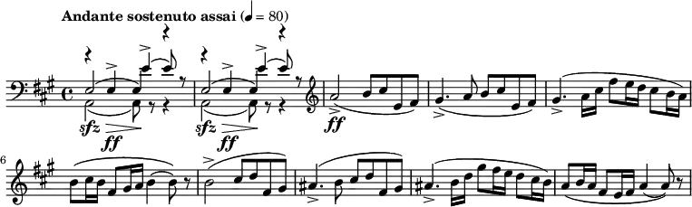 {
 \key a \major \tempo "Andante sostenuto assai" 4=80 \time 4/4 \relative a'' {
<<
\clef bass
  \relative { e2( e4) r4 e2( e4) r4}
  \\
  \relative { a,2\sfz\>( a8\!) r8 r4 a2\sfz\>( a8\!) r8 r4}
  \\
  \relative { r4 e4\ff-> e'4->( e8) r8 r4 e,4\ff-> e'4->( e8) r8}
>>
\clef treble a,2\ff->( b8 cis8 e,8 fis8)| gis4.->( a8 b8 cis8 e,8 fis8)| gis4.->(a16 cis16 fis8 e16 d16 cis8 b16 a16)| b8\( cis16 b16 fis8 gis16 a16 b4( b8)\) r8|
b2->( cis8 d8 fis,8 gis8)| ais4.->( b8 cis8 d8 fis,8 gis8)| ais4.->( b16 d16 gis8 fis16 e16 d8 cis16 b16)| a8\( b16 a16 fis8 e16 fis16 a4( a8)\) r8
 }
}