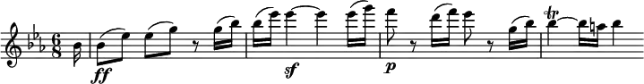 
\relative c'' {
  \key es \major \time 6/8 \set Score.tempoHideNote = ##t \tempo 4 = 150
  \partial 16 bes16 | bes8\ff( es) es([ g)] r g16( bes) |
  bes16( es) es4~\sf es es16( g) |
  f8\p r d16( f) es8 r g,16( bes) |
  bes4\trill~ bes16 a bes4
}
