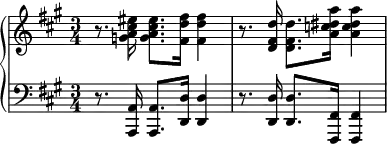 
    {
      \new PianoStaff <<
        \new Staff <<
            \relative c'' {
                \clef treble \key fis \minor \time 3/4
                r8. <g a cis eis>16 <g a cis eis>8. <fis d' fis>16
                <fis d' fis>4 r8. <d fis d'>16 <d fis d'>8. <a' c dis a'>16
                <a c dis a'>4
                }
            >>
        \new Staff <<
            \new Voice \relative c, {
                \clef bass \key fis \minor \time 3/4
                r8. <a a'>16 <a a'>8. <d d'>16
                <d d'>4 r8. <d d'>16 <d d'>8. <fis, fis'>16
                <fis fis'>4
                }
            >>
    >> }
