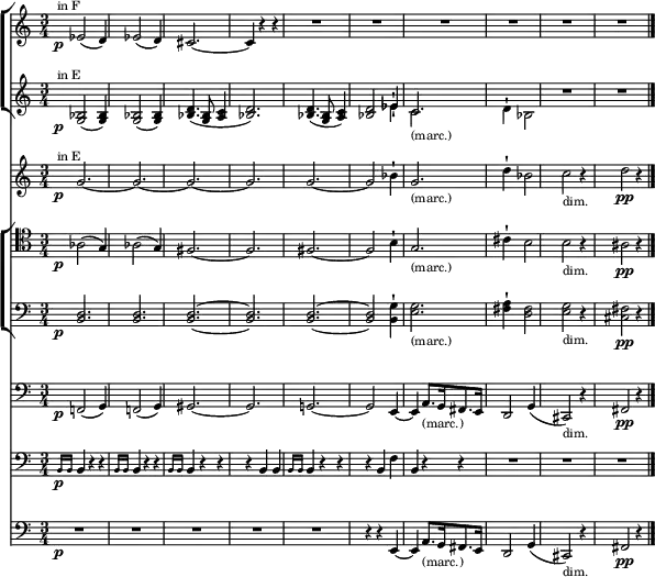  {<<
 \new ChoirStaff <<
  \relative c' {
   \magnifyStaff #3/4 \set Score.tempoHideNote = ##t \tempo 4 = 60 \time 3/4 \set Staff.midiInstrument = #"trumpet" \transposition f'^"in F"
    \p \grace {s16 s} ees2( d4) | ees2( d4) | cis2. ~ cis4 r r | R2. | R | R | R | R | R
   }
  \new Staff \with{ \magnifyStaff #3/4 } <<
   \new Voice \relative c' { \override Hairpin.minimum-length = #3
    \set Staff.midiInstrument = #"trumpet" \transposition e'^"in E"
     \p \grace {s16 s} \hide \pp <g bes>2( <bes g>4) | <g bes>2( <bes g>4) | <bes d>4.( <g bes>8 <a c>4 | <bes d>2.) |<bes d>4.( <g bes>8 <a c>4 ) | <bes d>2 ees4-! | c2._"(marc.)" | s2. | R | R
    } 
   \new Voice \relative c' { \stemDown
    \hide \p \grace {s16 s} s2. | s | s | s | s | s2 ees4-! | c2. | d4-! bes2 | R2. | R2. \bar "|."
   } >> >>
  \relative c' {
   \magnifyStaff #3/4 \set Staff.midiInstrument = #"trombone" \transposition e^"in E"
   \p \grace {s16 s} \hide \pp g'2. ~ g ~ g ~ g | g ~ g2 bes4-! | g2._"(marc.)" | d'4-! bes2 | c2_"dim." r4 | \pp d2 r4 
   }
 \new ChoirStaff <<
  \relative c' {
   \magnifyStaff #3/4 \clef tenor \set Staff.midiInstrument = #"trombone"
    \p \grace {s16 s} aes2( g4) | aes2( g4) | fis2. ~ fis | fis ~ fis2 b4-! | g2._"(marc.)" | cis4-! b2 | b2_"dim." r4 | \pp ais2 r4
   }
  \relative c' {
   \magnifyStaff #3/4 \clef F \set Staff.midiInstrument = #"trombone"
    \p \grace {s16 s} \hide \pp <b, d>2. | <b d> | <b d> ~ <b d> | <b d> ~ <b d>2 <b g'>4-! | <e g>2._"(marc.)"  | <fis a>4-! <d fis>2 | <e g>_"dim." r4 | \pp <cis fis>2 r4
   } >>
  \relative c' {
   \magnifyStaff #3/4 \clef F \set Staff.midiInstrument = #"trombone"
    \p \grace {s16 s} \hide \pp f,,!2( g4) | f!2( g4) | gis2. ~ gis | g! ~ g2 e4 ~ e a8._"(marc.)"[ g16 fis8. e16] | d2 g4( | cis,2_"dim.") r4 | \pp fis2 r4
   }
  \relative c' {
   \magnifyStaff #3/4 \clef F \set Staff.midiInstrument = #"timpani"
    \p \grace {b,16 b} b4 r r | \grace {b16 b} b4 r r | \grace {b16 b} b4 r r | r b b | \grace {b16 b} b4 r r | r b f' | b, r r | R2. | R | R
   }
  \relative c' {
   \magnifyStaff #3/4 \clef F \set Staff.midiInstrument = #"tuba"
    \p \grace {s16 s} R2. | R | R | R | R | r4 r e,, ~ e a8._"(marc.)"[ g16 fis8. e16] | d2 g4( cis,2_"dim." ) r4 | \pp fis2 r4
   }
 >>  }
\layout { line-width = #150 }
