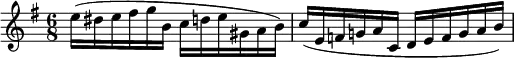 
\relative c'' {
  \set Staff.midiInstrument = #"violin"
  \key e \minor \time 6/8
  e16( dis e fis g b, c d e gis, a b)
  c( e, f g! a c, d e f g a b)
}