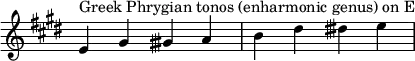  {
\key e \major
\override Score.TimeSignature #'stencil = ##f

\relative c' {
  \clef treble \time 4/4
  e4^\markup { Greek Phrygian tonos (enharmonic genus) on E } gis gisih a b dis disih e
} }
