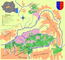 Detailed map depicting the 7 seats (German: Sieben Stühle) of the Transylvanian Saxon lands in Transylvania