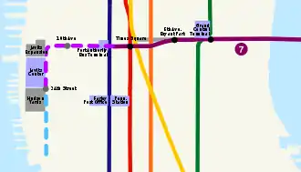 A map of the subway extension, showing that the extension goes from Times Square to the intersection of 11th Avenue and 34th Street.