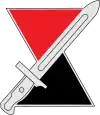 An hourglass, red on top and black on bottom, with diagonal bayonet imposed over it