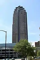 Image of the 801 Grand building with its nearby parking garage