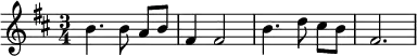 
 \relative
 {
  \key b \minor
  \time 3/4
     b'4. b8\noBeam a b
     fis4 fis2 
     b4. d8\noBeam cis b 
 fis2.
        
  }
