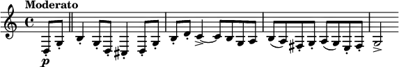  \relative c { \clef treble \time 4/4 \set Staff.midiInstrument = #"clarinet" \tempo "Moderato" \partial 4*1 d8-.\p g-. \bar "||" b4-. g8-. d-. cis4-. d8-. g-. | b-. d-. c4->~ c8 b g a | b( a) fis-. g-. a( g) e-. fis-. | g2-> } 