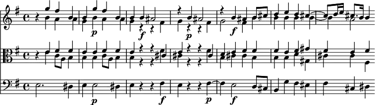 
<< <<
\new Staff { \clef treble \time 4/4 \key e \minor
    \set Staff.midiInstrument = "violin" \set Score.tempoHideNote = ##t
    \relative c'' {
    r4 << { g'4 fis b, | b g'\p fis b, | b b\f ais2 | r4 b\p ais2 |
    r4 b\f ais b8 cis | d4 e d cis~ | cis8 d16 e cis8. b16 b4 } \\
    { \omit Voice.DynamicText
    b4 a a | g b\p a a | g r r fis\f | g r r fis\p |
    g2 fis4\f b | b b b b~ | b a2
    \undo \omit Voice.DynamicText } >>
    }
}
\new Staff { \clef alto \key e \minor
    \set Staff.midiInstrument = "viola"
    \relative c' {
    \omit Staff.DynamicText
    r4 << { e fis fis | e e\p fis fis | e r r cis\f | e r r cis\p |
    d e\f fis fis | fis e fis gis | fis e fis } \\
    { e4 c8 a b4 | b b\p c8 a b4 | b r r fis'\f | cis r r fis\p |
    b,cis\f cis b | b b d gis, | cis cis fis, } >>
    \undo \omit Staff.DynamicText
    }
}
\new Staff { \clef bass \key e \minor
    \set Staff.midiInstrument = "cello"
    \relative c {
    e2. dis4 | e4 e2\p dis4 | e r r fis\f | e r r fis~\p |
    fis e2\f d8 cis | b4 g' fis eis | fis cis dis
    }
}
>> >>
\layout { indent = #0 }
\midi { \tempo 4 = 56 }
