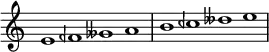 { \omit Score.TimeSignature \relative c' { \override NoteHead.duration-log = #0 \hide Stem e feh geses a b ceh deses e } }