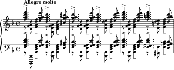 
\layout {
	#(layout-set-staff-size 16)
}
\relative c'' {
	\new PianoStaff <<
		\new Staff {
			\key d \minor
			<<
				{ <f a d f>4.^\markup{\bold{Allegro molto}}-> <e g a e'>8
				<d f a d>4.-> <cis g' a cis>8
				<d g a d>4.-> <e g a e'>8
				<d f a d>4.-> <e a d e>8
				<f a d f>4.-> <e a d e>8
				<f b d f>4.-> <d a' b d>8 }
				\\
				{ r8 <d, g a d> <f a d f>4--
				r8 <a, e' g a> <d f a d>4--
				r8 <d g a d> <e g a e'>4--
				r8 <e a d e> <f a d f>4--
				r8 <d g a d> <f a d f>4--
				r8 <e b' d e> <f b d f>4-- }
			>>
		}
		\new Staff {
			\key f \major
			\clef bass
			<<
				{ <f, a d f>4.-> <g a e'>8
				<f a d>4.-> <e a cis>8
				<f a d>4.-> <g a e'>8
				<f a d>4.-> <g a d e>8
				<f a d f>4.-> <f a d e>8
				<f gis d' f>4.-> <e a b d>8 }
				\\
				{ r8 <d,, d'> <a'' d f a>4--
				r8 <d, a'> <a' d f a>4--
				r8 <d, a'> <a' e' g a>4--
				r8 <d, a'> <a' d f a>4--
				r8 <d, a'> <a' d f a>4--
				r8 <gis f'> <f' b d>4-- }
			>>
		}
	>>
}