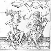 Another van Meckenem; here the man performs the normally female work of spinning while his partner threatens him with an elaborate object suggesting power.