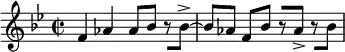 
{
    \relative c' {
        \time 2/2 \key bes \major
        \set Score.tempoHideNote = ##t \tempo 2 = 108
        f4 aes aes8 bes r[ bes->~] bes[ aes] f[ bes] r[ aes->] r[ bes]
    }
}
