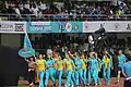 Athletes from Kazakhstan bearing the national flag during the opening ceremony.