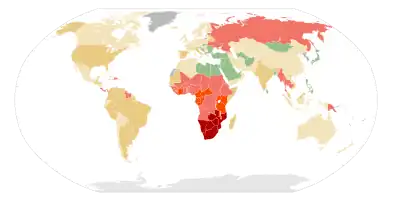 alt=Estimated prevalence in % of HIV among young adults (15–49) per country as of 2011.

 


 
  No data
  <0.10
  0.10–0.5
  0.5–1

 
  1–5
  5–15
  15–50