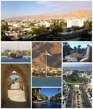 Clockwise from the left top: Aqaba's skyline, Aqaba Fort and Aqaba Fields, Al-Hammamat Al-Tunisyya Street in Down Town, Resort in Aqaba, Ayla old City, Aqaba Port, Aqaba Flagpole.