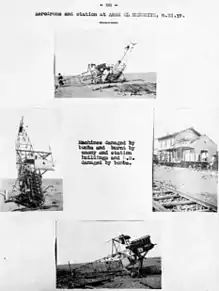 Three small photos of damaged aircraft and building