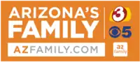 In an orange box, from top left: The white lettering "Arizona's Family" in a sans serif. Beneath, an orange box with the website "A Z FAMILY .com" in orange and gray. To the right is a white line separating it from three symbols: the 3TV logo, the CBS 5 logo, and a white rounded rectangle with the lowercase lettering "A Z FAMILY" on two lines.