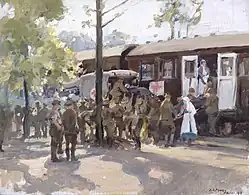 A Red Cross Train, France; wounded British soldiers are transferred from a motor ambulance to a Red Cross train, 1918, artist Harold Septimus Power.