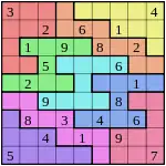 A Sudoku puzzle grid with many colors, with nine rows and nine columns that intersect at square spaces. Some of the spaces are filled with a digit; others are blank spaces to be solved.