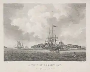 A view of Botany Bay as the First Fleet entered, with Bare Island in the background. The image is from the journal of Arthur Phillip.