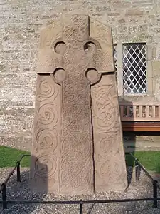 Cross decorated with Insular interlaces, part of the Aberlemno Sculptured Stones, unknown sculptor, c.800, sandstone, Aberlemo, Scotland, UK