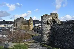 Castle walls, view over the Old College.