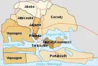 Map of the 10 communes which formed the former City of Abidjan (422 km2), now included in the larger Autonomous District of Abidjan (2119 km2)