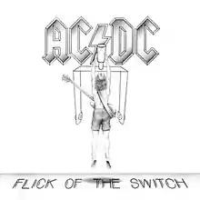 A monochrome pencil illustration of Angus Young with his guitar, hanging from a giant power switch. The AC/DC logo appears behind in silver, with the album's title in all caps, on the floor below Angus.