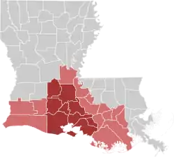 Map of Louisiana with Acadiana highlighted, and the heart of Acadiana in dark red