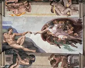 The Creation of Adam shows God giving life to the first man, while Eve, the first woman, watches from beneath his cloak.