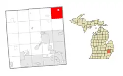 Location within Oakland County (red) and the administered village of Leonard (pink)