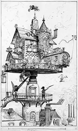 black and white drawing of small house of complex design raised above the surrounding buildings on a turntable.