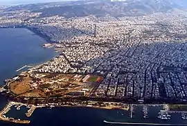 Aerial photo of Kalamaria. The stadium of Apollon Kalamarias and the marina of Aretsou are visible.