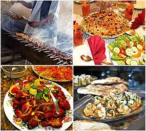 Some of the popular Afghan dishes, from left to right: 1. Lamb grilled kebab (seekh kabab); 2. Kabuli palaw and salad; 3. Tandoori chicken; and 4. Mantu (dumplings).