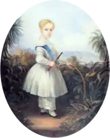 full-length oil portrait of the Prince Imperial as a blond-haired child in a white short frock and official blue sash worn over white pantaloons and holding a stick and hoop