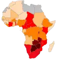 Map of Africa colored according to the percentage of the adult (ages 15–49) population with HIV/AIDS (Map of 2002).