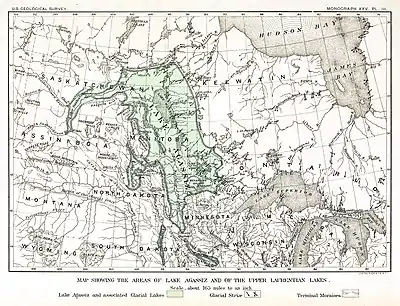 Map of the extent of Lake Agassiz in central North America, by 19th century geologist Warren Upham. The regions covered by the lake were significantly larger than shown here.