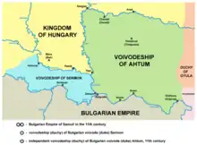 Map depicting Ajtony's realm bordered by the Kingdom of Hungary, the Transylvanian duchy of Gyula and a duchy of one Sermon