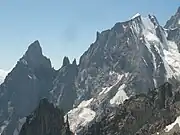 The Peuterey Ridge on the Mt. Blanc massif. From left to right Aiguille Noire de Peuterey (3773 m), Brèche-sud (3429 m), the Dames Anglaises (3601 m), Brèche-central, L'Isolée, Brèche-nord (3491 m), Aiguille Blanche de Peuterey (4112 m) and Col de Peuterey (3934 m)