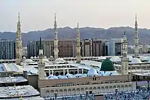 The Green Dome, mausoleum of Muhammad, Abu Bakr, and Omar I, located in the Prophet's Mosque in Medina, Saudi Arabia