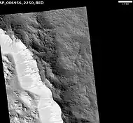 Impact Crater on Northern edge of Alba Patera, as seen by HiRISE.  Scale bar is 1 km long.