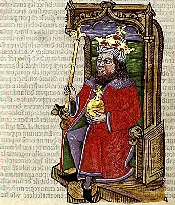 Chronica Hungarorum, Thuróczy chronicle, King Albert of Hungary, throne, crown, orb, scepter, medieval, Hungarian chronicle, book, illustration, history