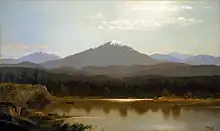 Landscape painting with 2 men in a boat on calm water in the foreground and snow capped Laramie Peak seen in the distance