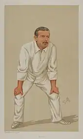 Caricature of a cricketer dressed in whites, posed in catching stance