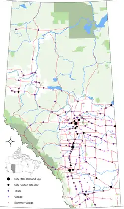 Locations of Alberta's urban municipalities