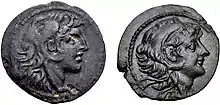 Two coins. Obverses are shown. To the left, a coin of Alexander I depicting him wearing a headdress in the shape of a lion head. On the right, a coin of Alexander II depicting him wearing the same headdress