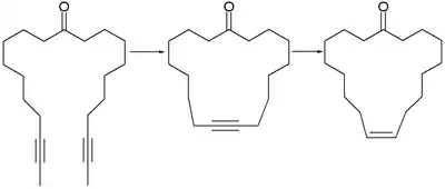 Synthesis of civetone. Step 1 alkyne metathesis, step 2 lindlar reduction