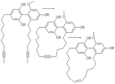 Turriane synthesis. Step 1 alkyne metathesis, step 2 Lindlar reduction, PMB = para-methoxybenzyl protecting group. Microwave assisted reaction takes reaction time down from 6 hours to 5 minutes